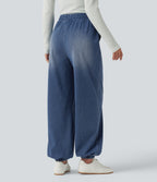 High Waisted Drawstring Denim Casual Joggers with Pockets — Tide Blue Denim — view 2