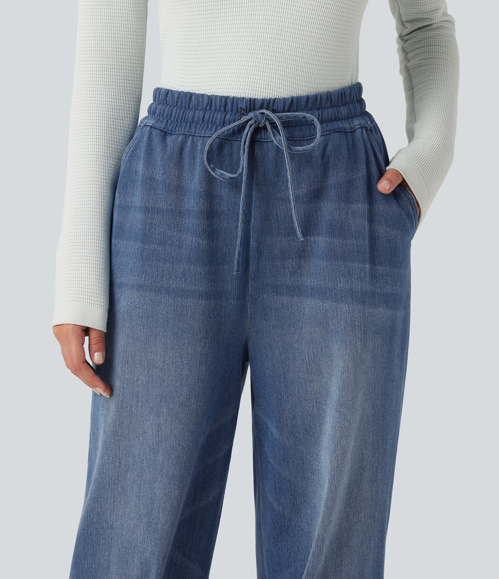 High Waisted Drawstring Denim Casual Joggers with Pockets — Tide Blue Denim — view 4