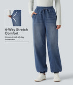 High Waisted Drawstring Denim Casual Joggers with Pockets — Tide Blue Denim — view 1