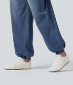 High Waisted Drawstring Denim Casual Joggers with Pockets — Tide Blue Denim — view 5