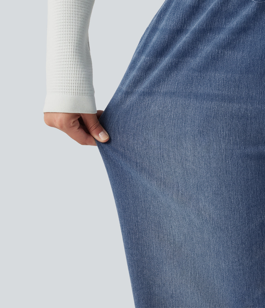 High Waisted Drawstring Denim Casual Joggers with Pockets — Tide Blue Denim — view 6