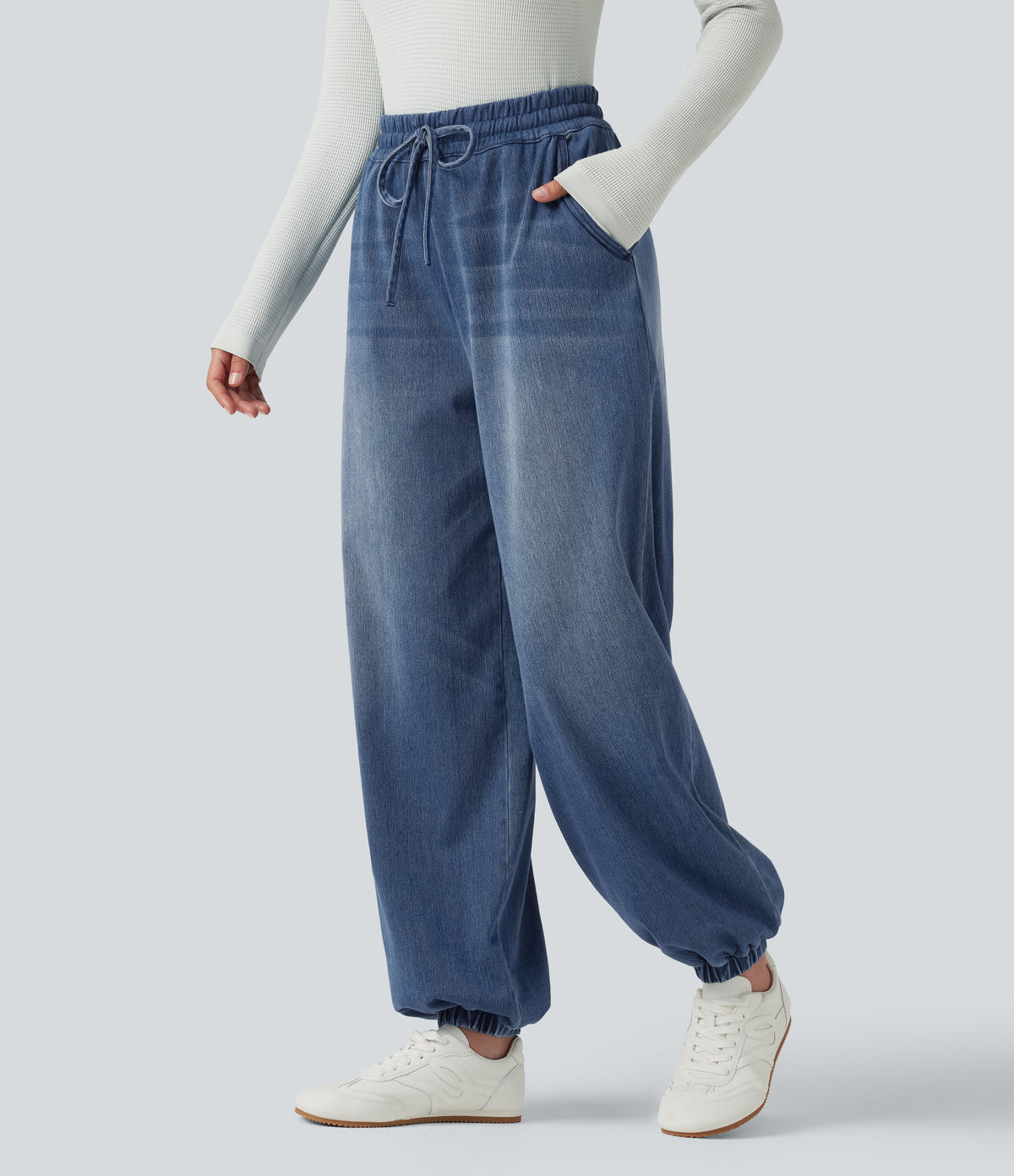 High Waisted Drawstring Denim Casual Joggers with Pockets — Tide Blue Denim — view 3