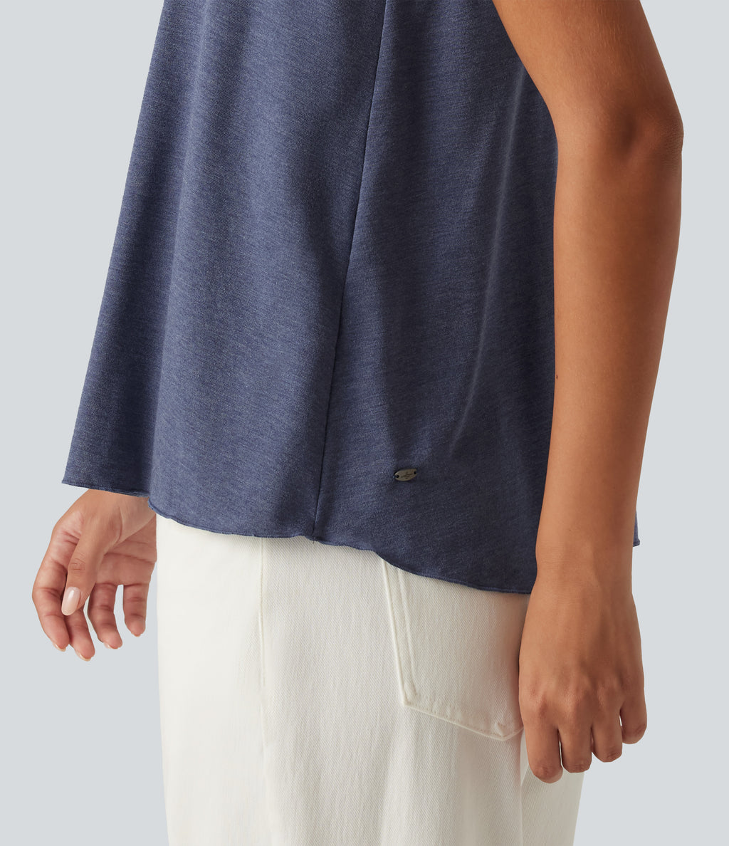 Scoop Neck Built-in Bra Heathered Casual Tank Top — Mottled Indigo — view 7