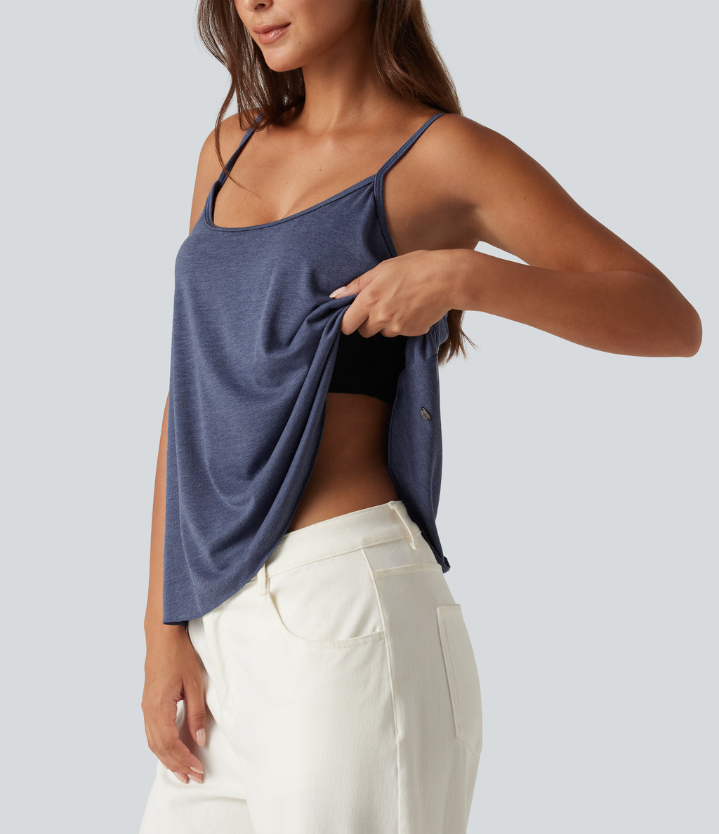 Scoop Neck Built-in Bra Heathered Casual Tank Top — Mottled Indigo — view 6