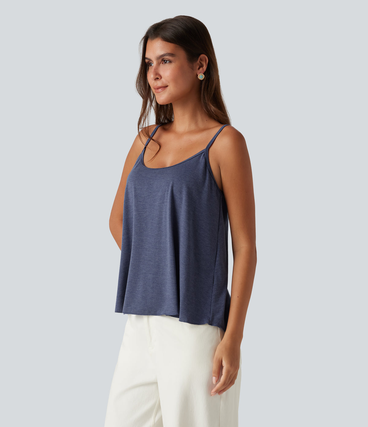 Scoop Neck Built-in Bra Heathered Casual Tank Top — Mottled Indigo — view 3