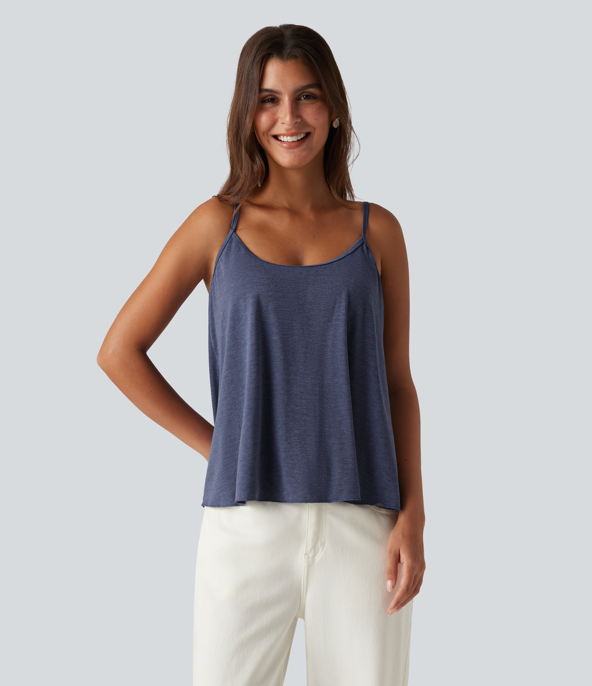 Scoop Neck Built-in Bra Heathered Casual Tank Top — Mottled Indigo — view 4