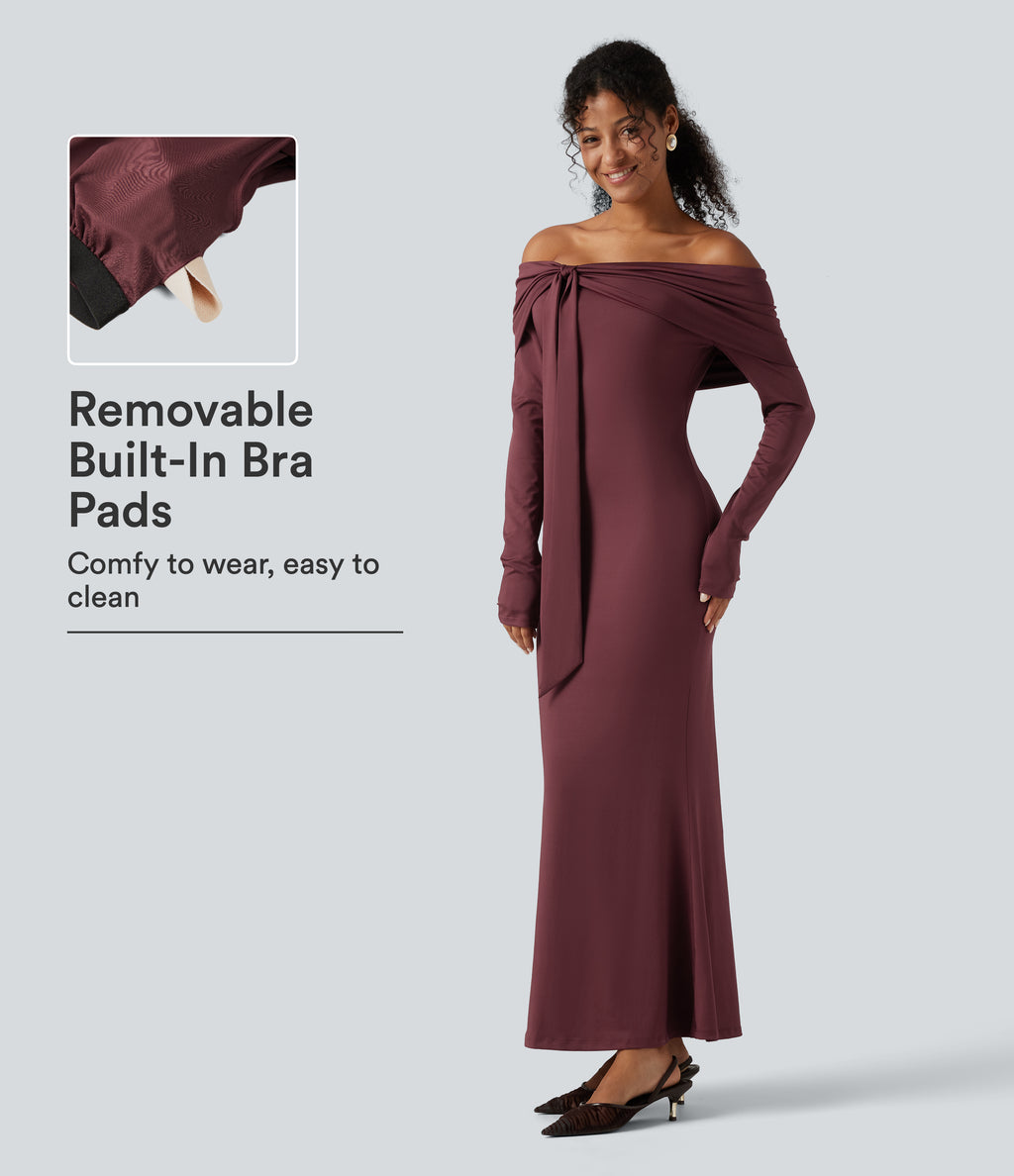 Off Shoulder Long Sleeve Ruched Built-in Bra Mermaid Maxi Dress — New Maroon — view 1