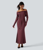 Off Shoulder Long Sleeve Ruched Built-in Bra Mermaid Maxi Dress — New Maroon — view 3