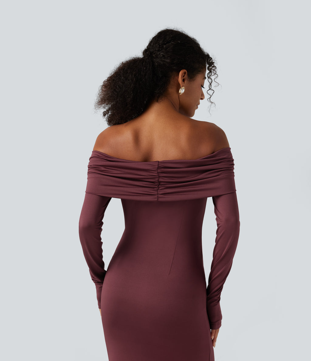 Off Shoulder Long Sleeve Ruched Built-in Bra Mermaid Maxi Dress — New Maroon — view 5