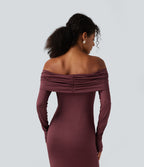 Off Shoulder Long Sleeve Ruched Built-in Bra Mermaid Maxi Dress — New Maroon — view 5