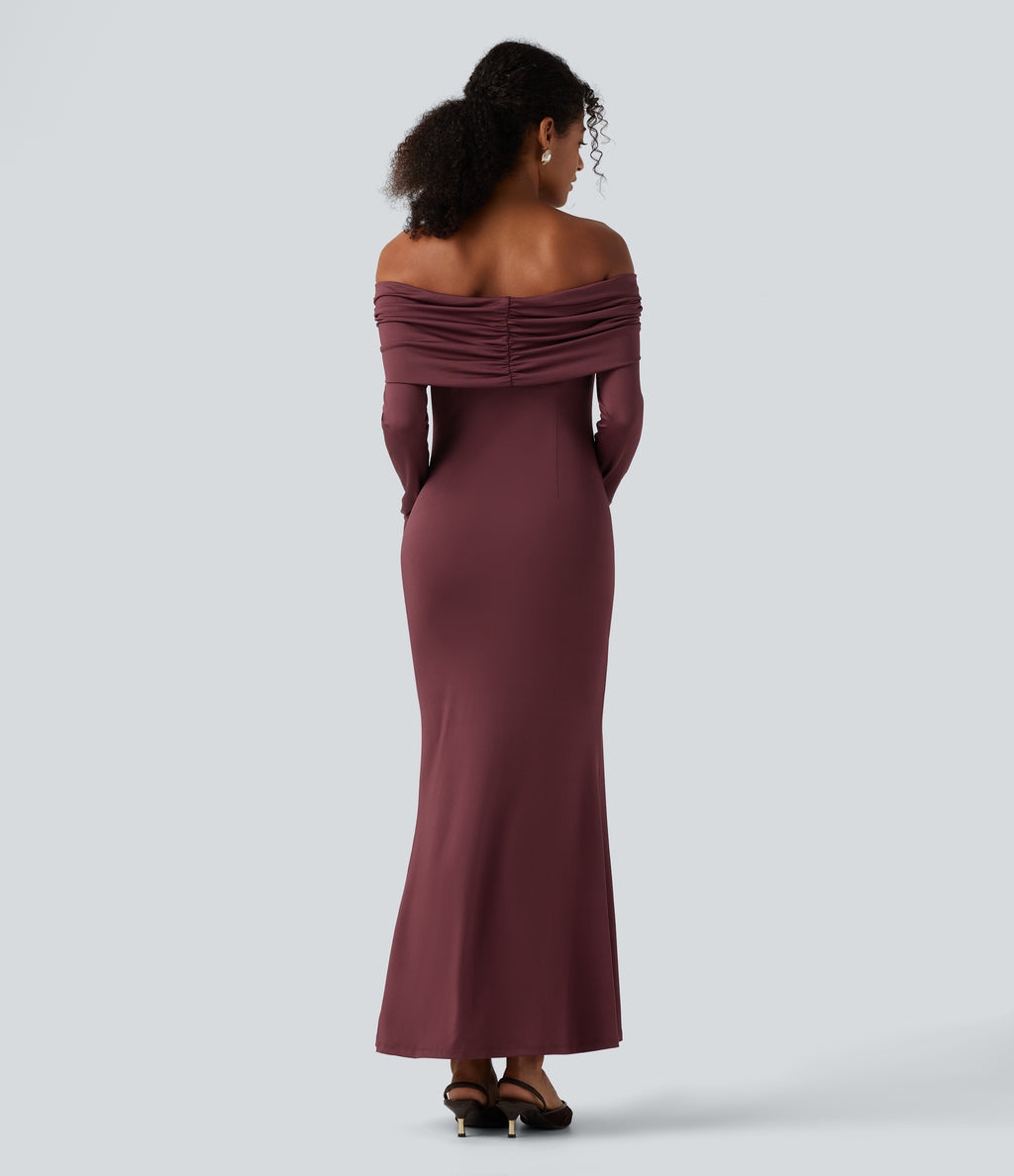 Off Shoulder Long Sleeve Ruched Built-in Bra Mermaid Maxi Dress — New Maroon — view 2
