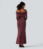 Off Shoulder Long Sleeve Ruched Built-in Bra Mermaid Maxi Dress — New Maroon — view 2