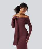 Off Shoulder Long Sleeve Ruched Built-in Bra Mermaid Maxi Dress — New Maroon — view 4