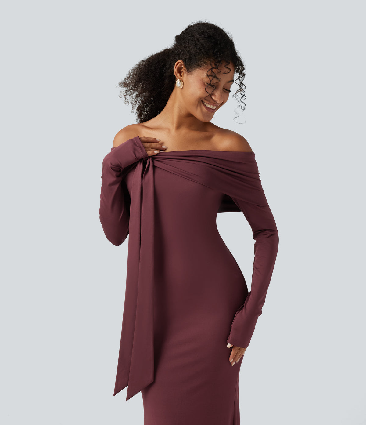 Off Shoulder Long Sleeve Ruched Built-in Bra Mermaid Maxi Dress — New Maroon — view 4