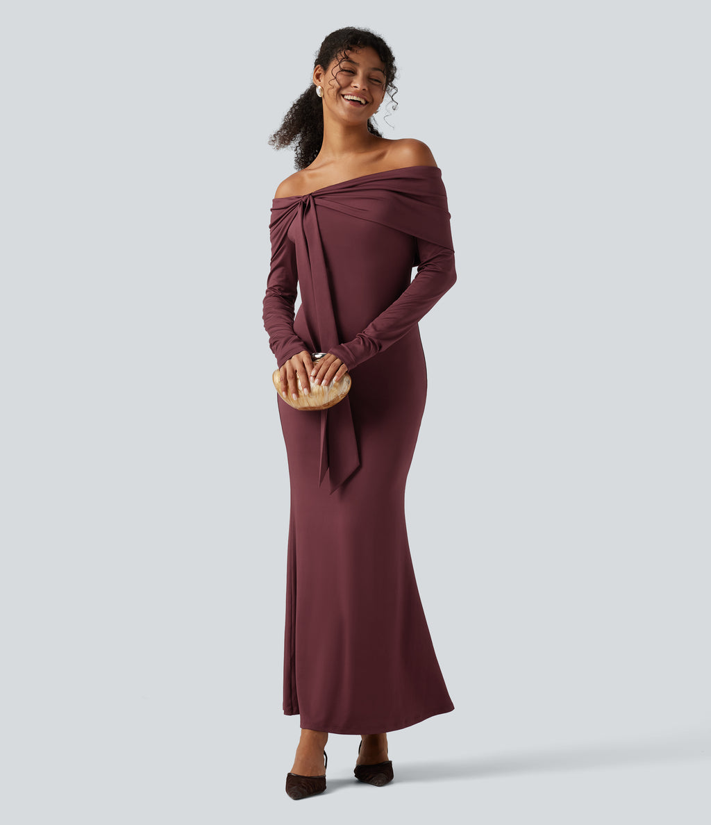 Off Shoulder Long Sleeve Ruched Built-in Bra Mermaid Maxi Dress — New Maroon — view 6