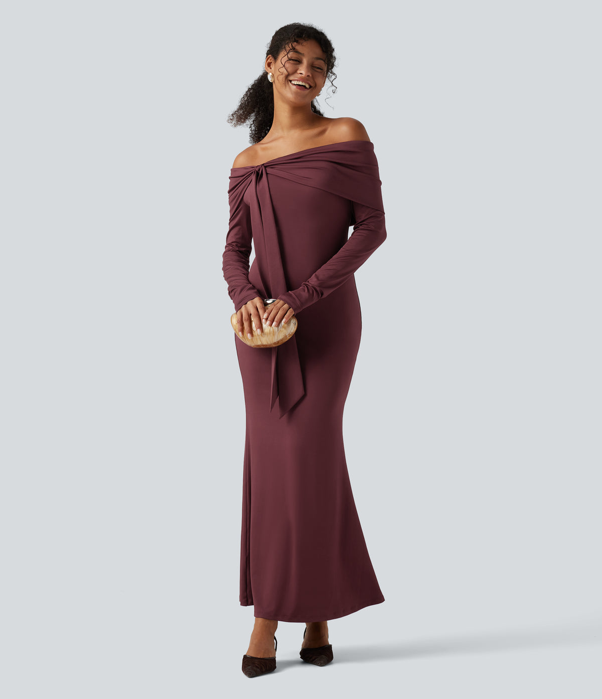 Off Shoulder Long Sleeve Ruched Built-in Bra Mermaid Maxi Dress — New Maroon — view 6