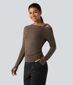 One Shoulder Long Sleeve Thumb Hole Ruched Casual Wool-Blend Top — Hearth Nut Brown — view 3