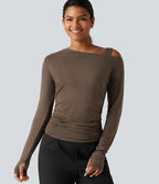 One Shoulder Long Sleeve Thumb Hole Ruched Casual Wool-Blend Top — Hearth Nut Brown — view 1
