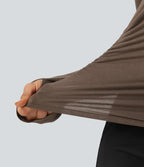 One Shoulder Long Sleeve Thumb Hole Ruched Casual Wool-Blend Top — Hearth Nut Brown — view 7