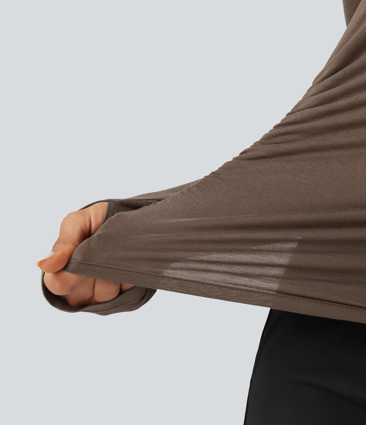 One Shoulder Long Sleeve Thumb Hole Ruched Casual Wool-Blend Top — Hearth Nut Brown — view 7