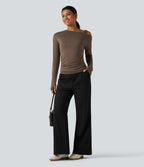 One Shoulder Long Sleeve Thumb Hole Ruched Casual Wool-Blend Top — Hearth Nut Brown — view 8