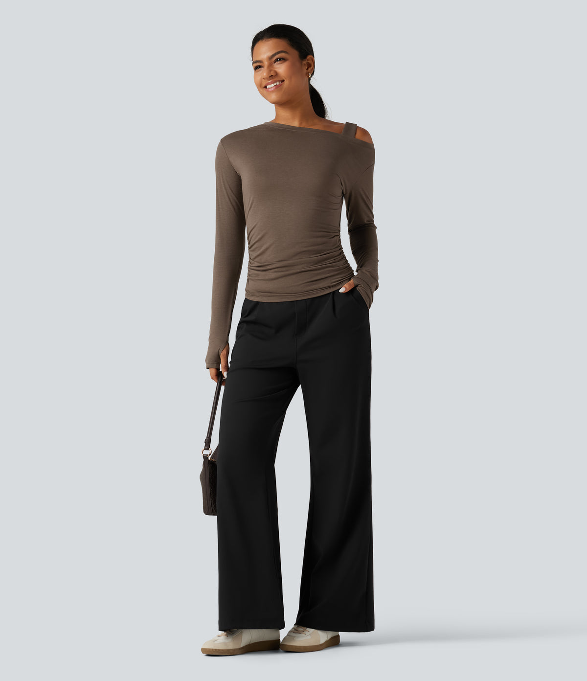 One Shoulder Long Sleeve Thumb Hole Ruched Casual Wool-Blend Top — Hearth Nut Brown — view 8