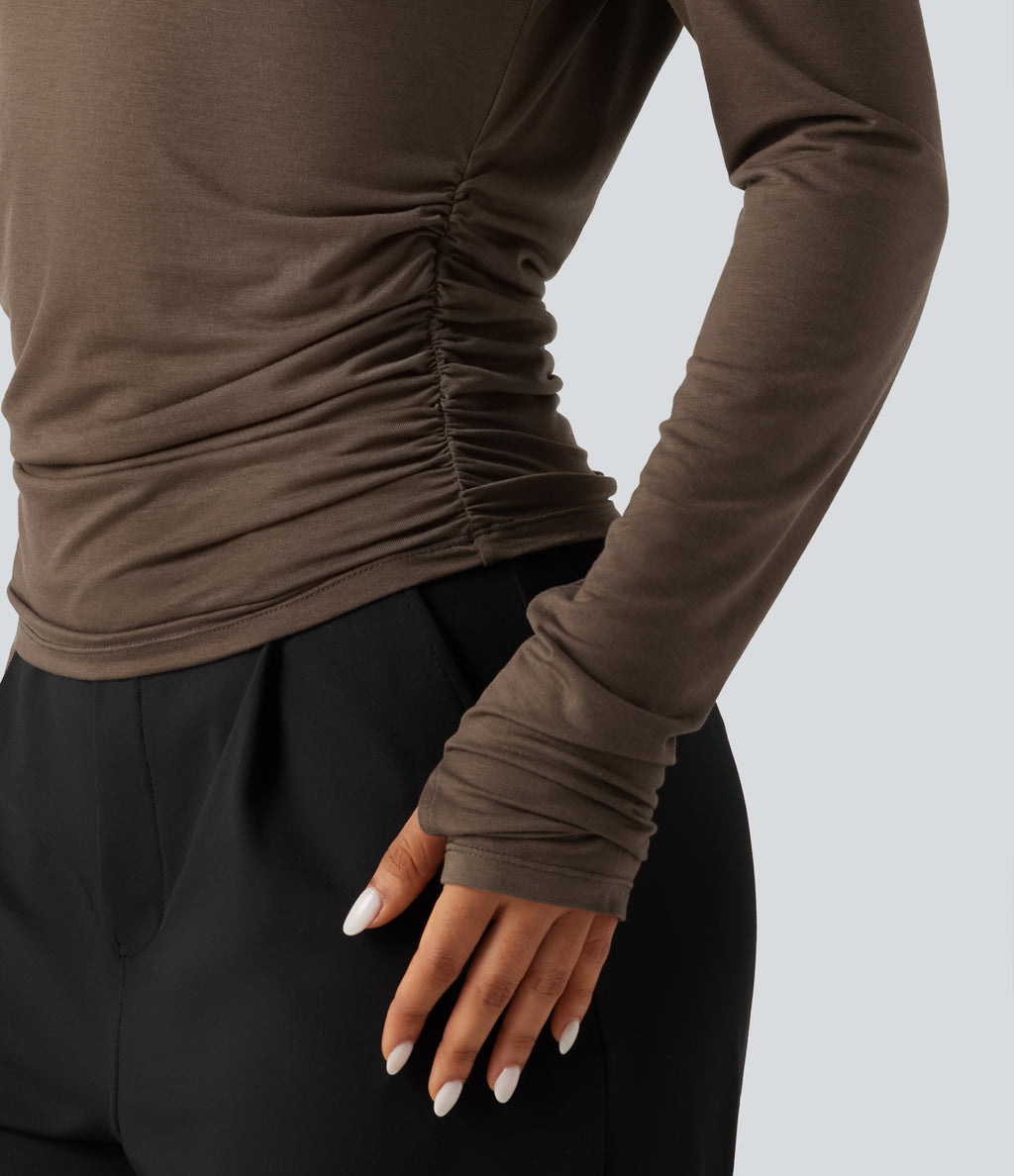 One Shoulder Long Sleeve Thumb Hole Ruched Casual Wool-Blend Top — Hearth Nut Brown — view 5