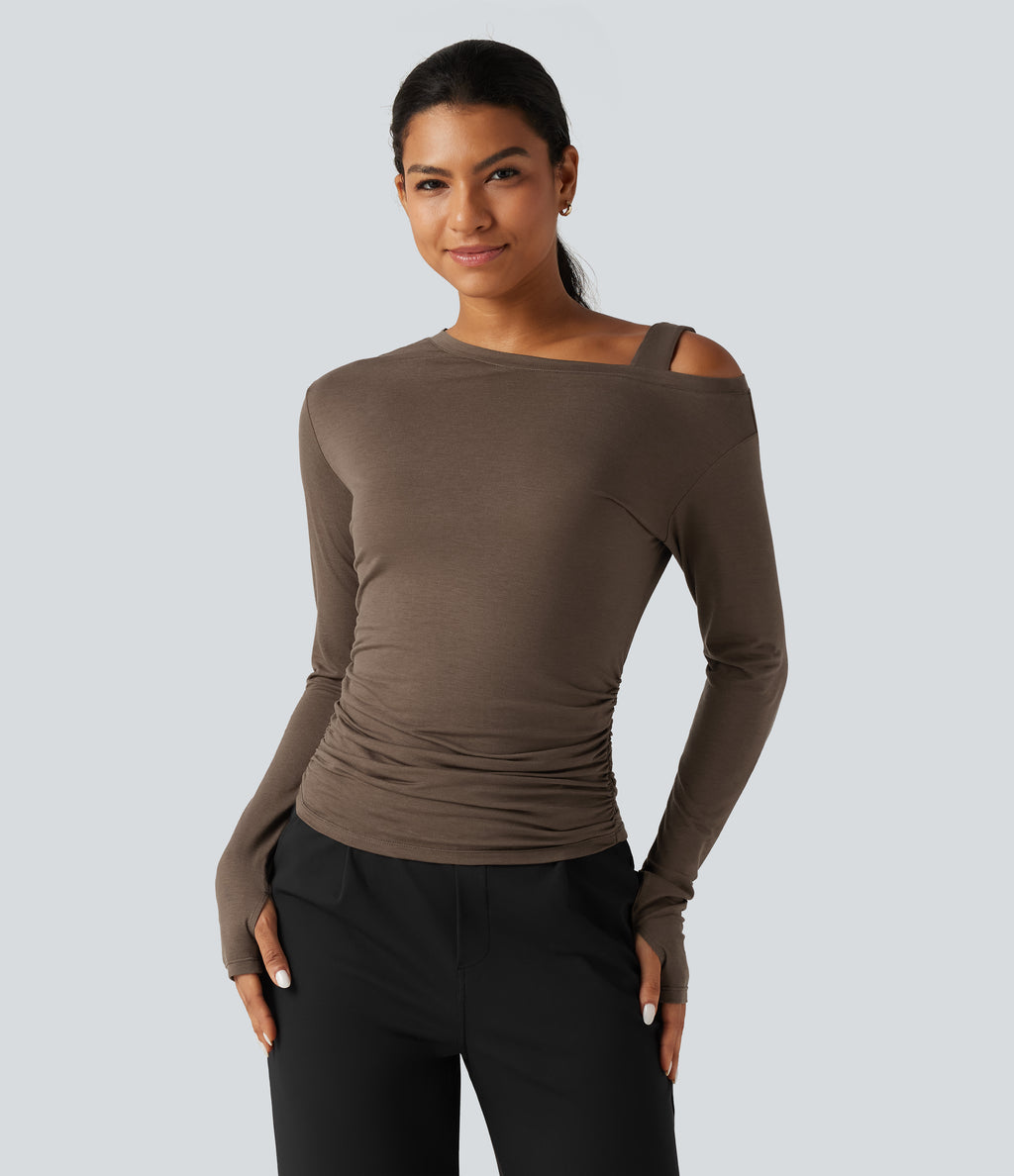 One Shoulder Long Sleeve Thumb Hole Ruched Casual Wool-Blend Top — Hearth Nut Brown — view 4
