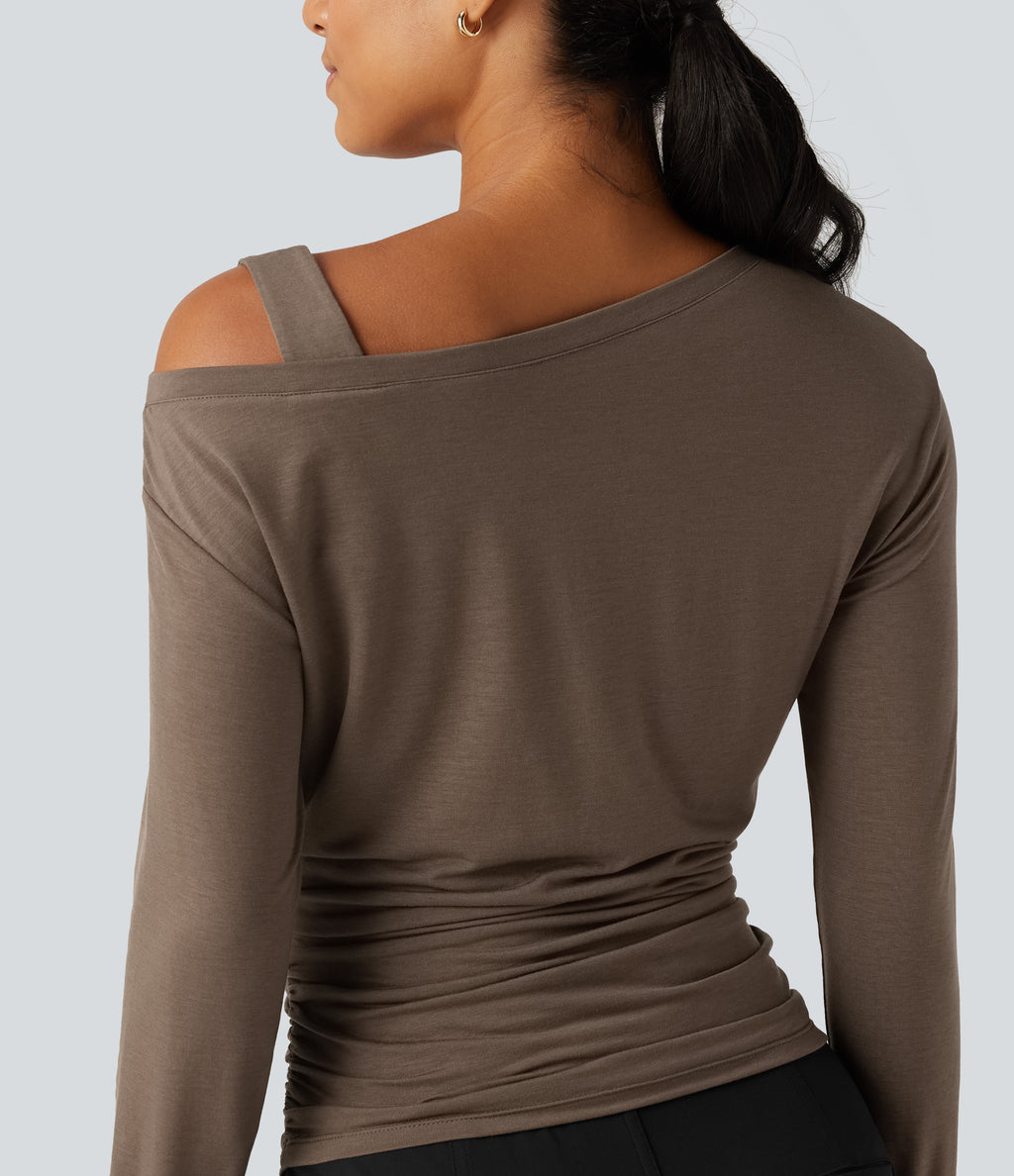 One Shoulder Long Sleeve Thumb Hole Ruched Casual Wool-Blend Top — Hearth Nut Brown — view 6