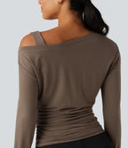One Shoulder Long Sleeve Thumb Hole Ruched Casual Wool-Blend Top — Hearth Nut Brown — view 6