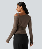 One Shoulder Long Sleeve Thumb Hole Ruched Casual Wool-Blend Top — Hearth Nut Brown — view 2