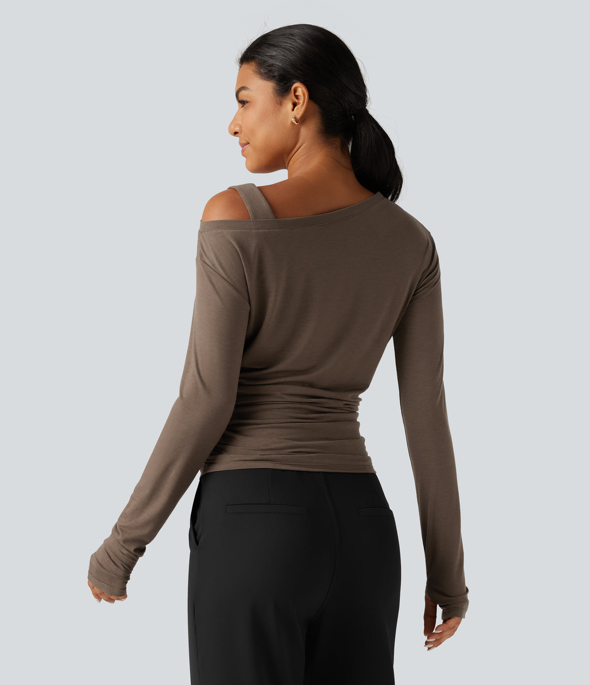 One Shoulder Long Sleeve Thumb Hole Ruched Casual Wool-Blend Top — Hearth Nut Brown — view 2