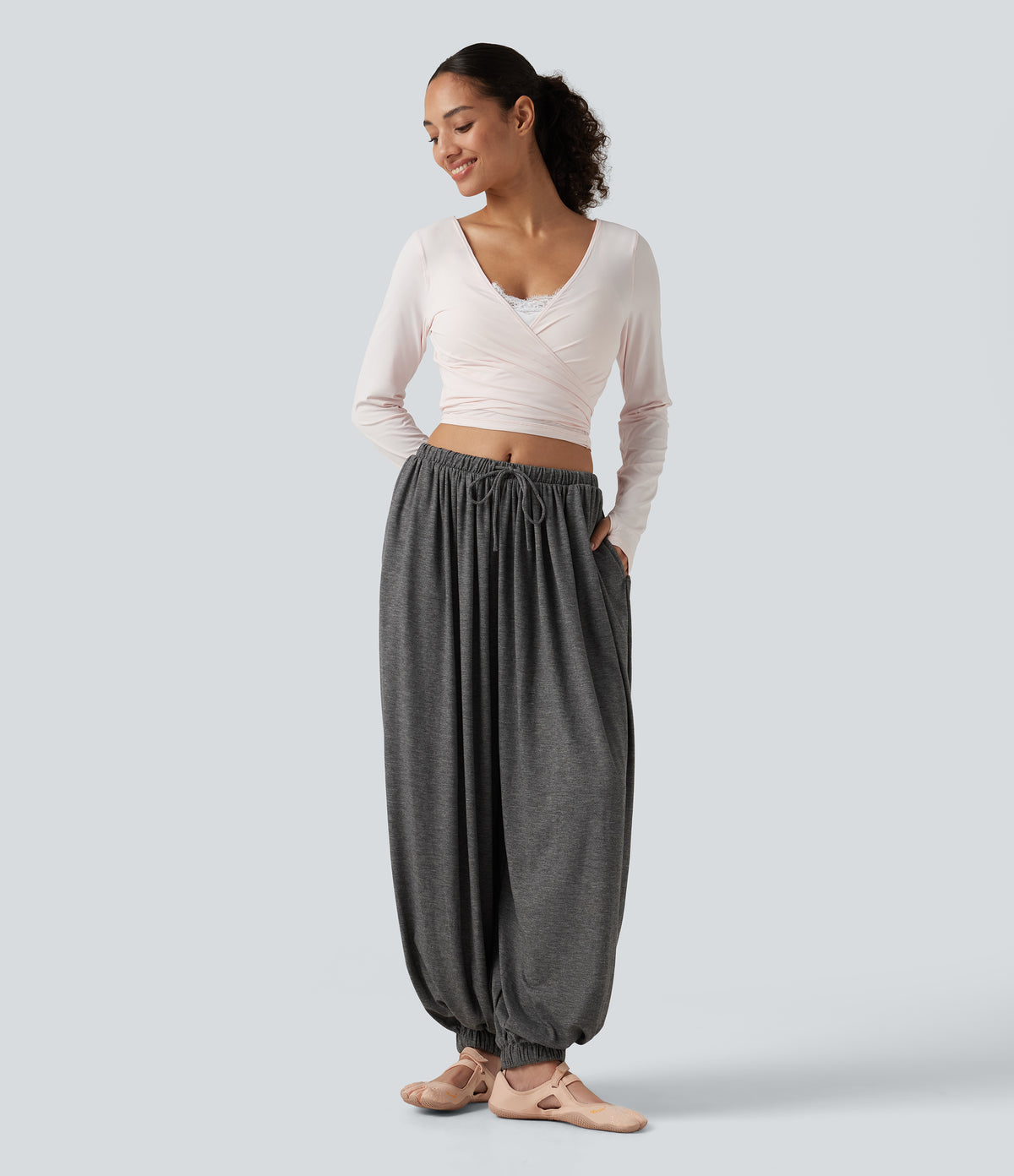 Mid Rise Drawstring Dance Joggers with Pockets — Darl Gray Floral Yarn — view 8