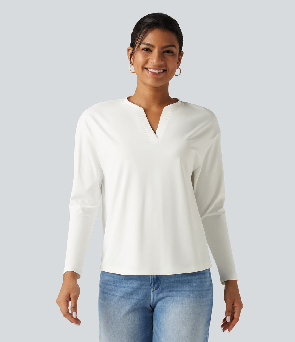Notched Collar Dropped Shoulder Long Sleeve Casual T-Shirt — White — view 4