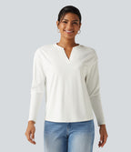 Notched Collar Dropped Shoulder Long Sleeve Casual T-Shirt — White — view 4