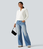 Notched Collar Dropped Shoulder Long Sleeve Casual T-Shirt — White — view 6