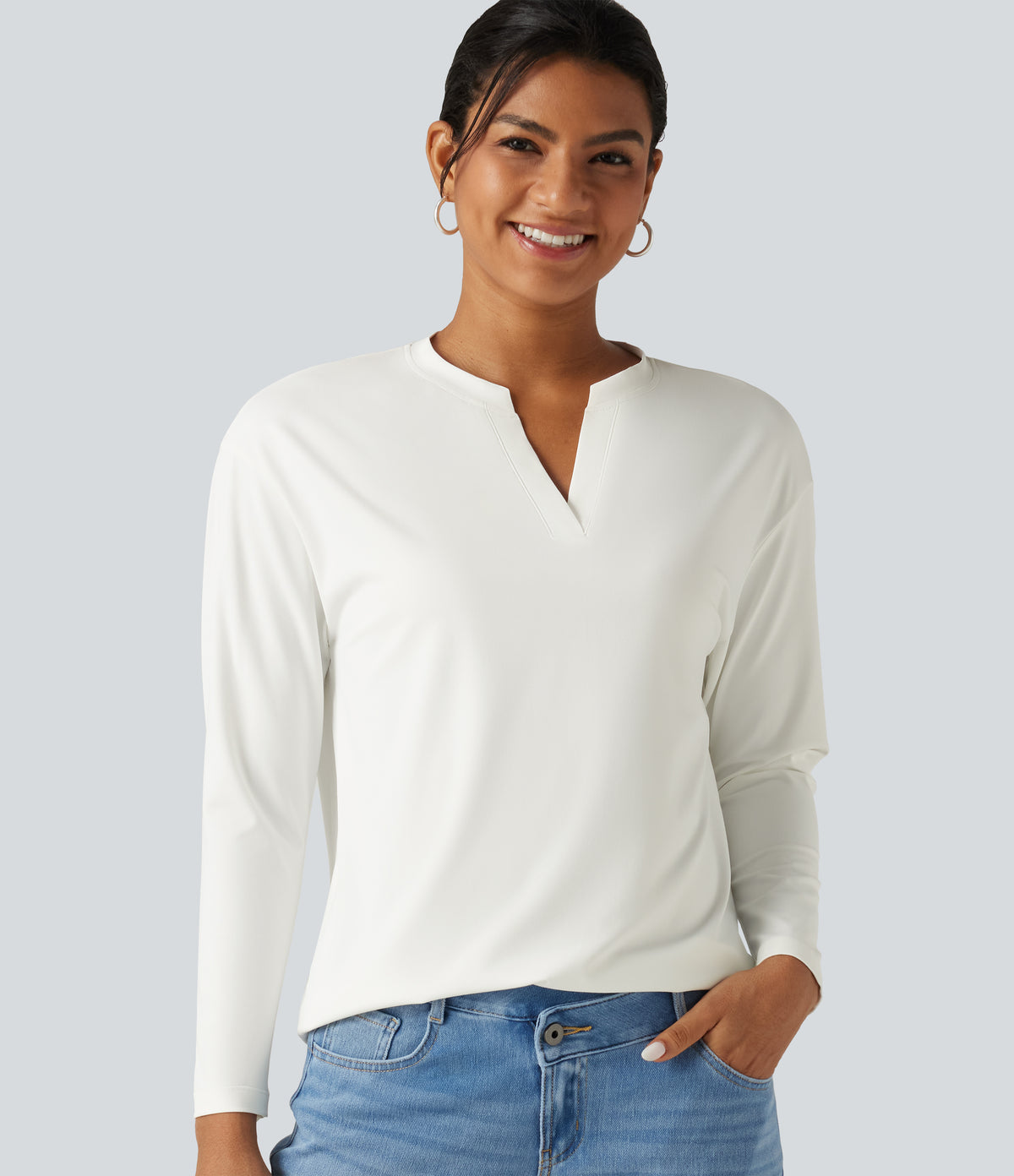 Notched Collar Dropped Shoulder Long Sleeve Casual T-Shirt — White — view 1