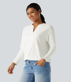 Notched Collar Dropped Shoulder Long Sleeve Casual T-Shirt — White — view 3