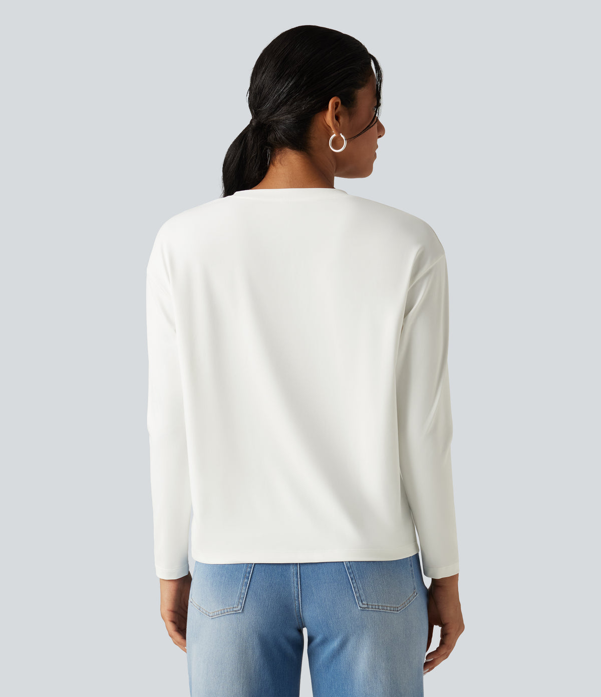 Notched Collar Dropped Shoulder Long Sleeve Casual T-Shirt — White — view 2