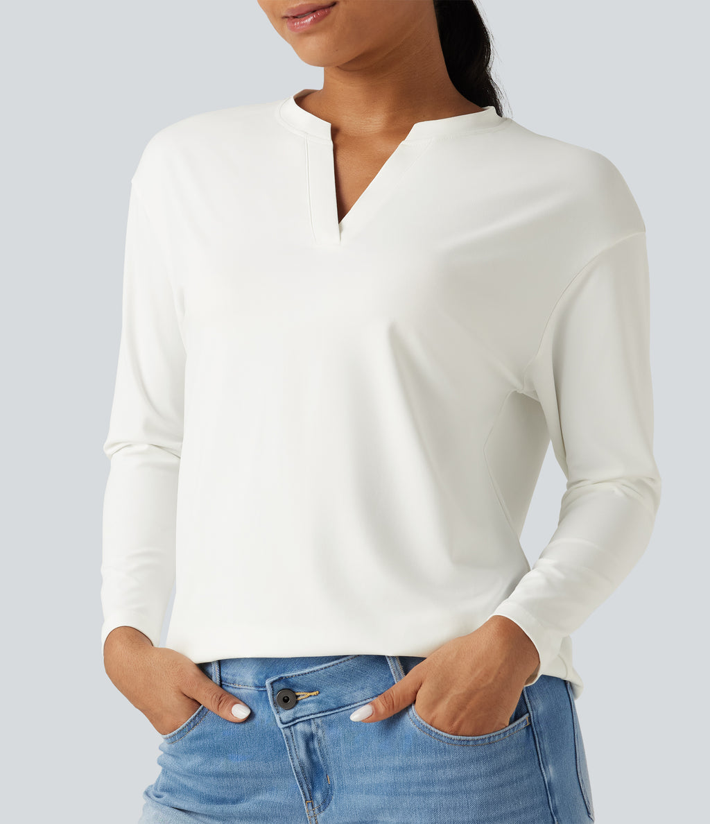 Notched Collar Dropped Shoulder Long Sleeve Casual T-Shirt — White — view 5