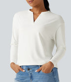 Notched Collar Dropped Shoulder Long Sleeve Casual T-Shirt — White — view 5