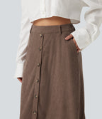 High Waisted A-Line Corduroy Midi Casual Skirt with Pockets — Acorn — view 5