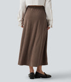 High Waisted A-Line Corduroy Midi Casual Skirt with Pockets — Acorn — view 2