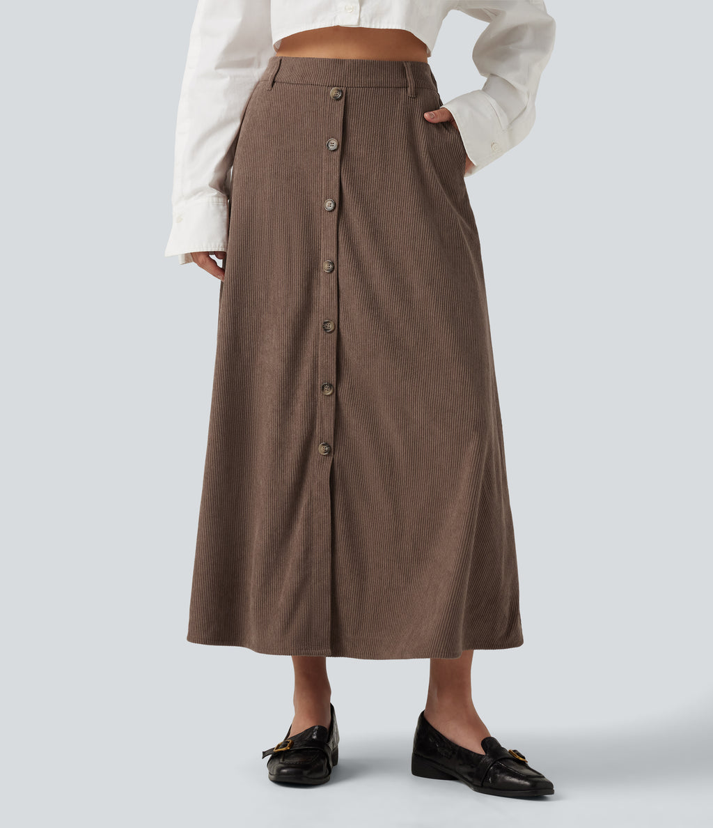High Waisted A-Line Corduroy Midi Casual Skirt with Pockets — Acorn — view 3