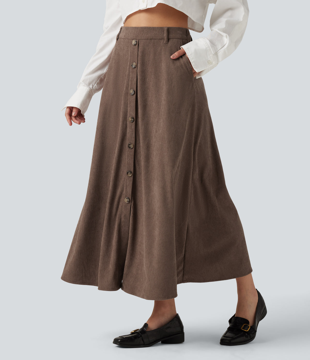 High Waisted A-Line Corduroy Midi Casual Skirt with Pockets — Acorn — view 1