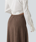 High Waisted A-Line Corduroy Midi Casual Skirt with Pockets — Acorn — view 4