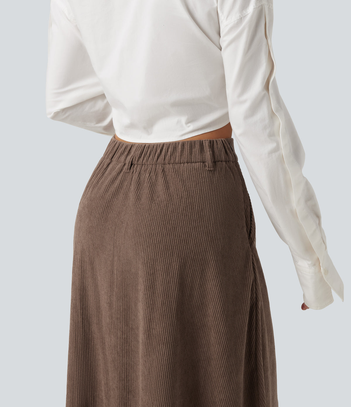 High Waisted A-Line Corduroy Midi Casual Skirt with Pockets — Acorn — view 4