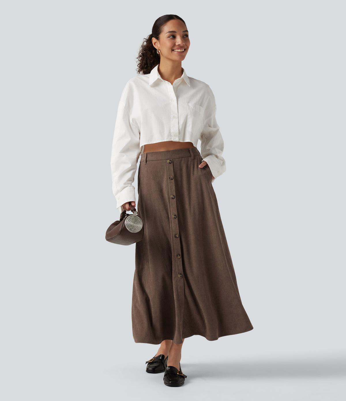 High Waisted A-Line Corduroy Midi Casual Skirt with Pockets — Acorn — view 6