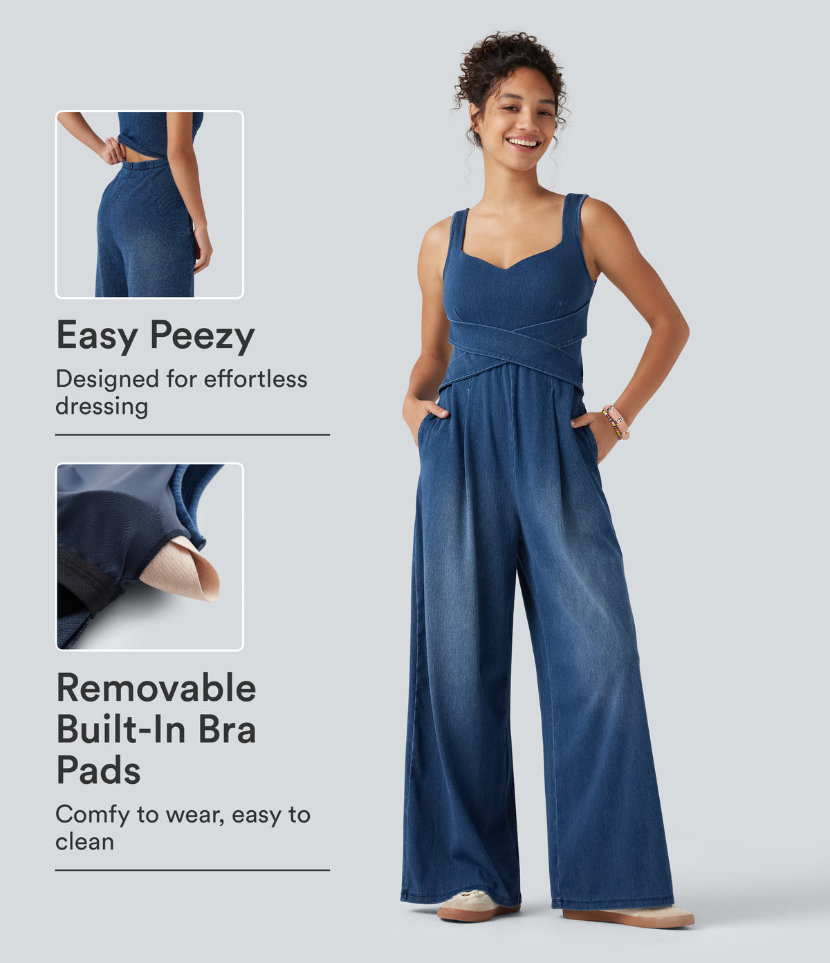 Built-in Bra Denim Casual Jumpsuit with Pockets-Edition — Estate Blue Denim — view 1