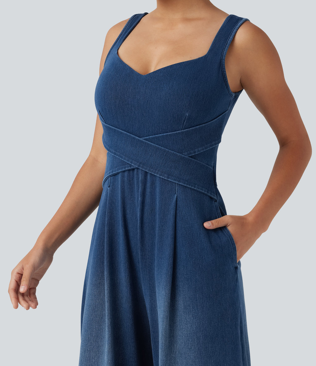 Built-in Bra Denim Casual Jumpsuit with Pockets-Edition — Estate Blue Denim — view 7